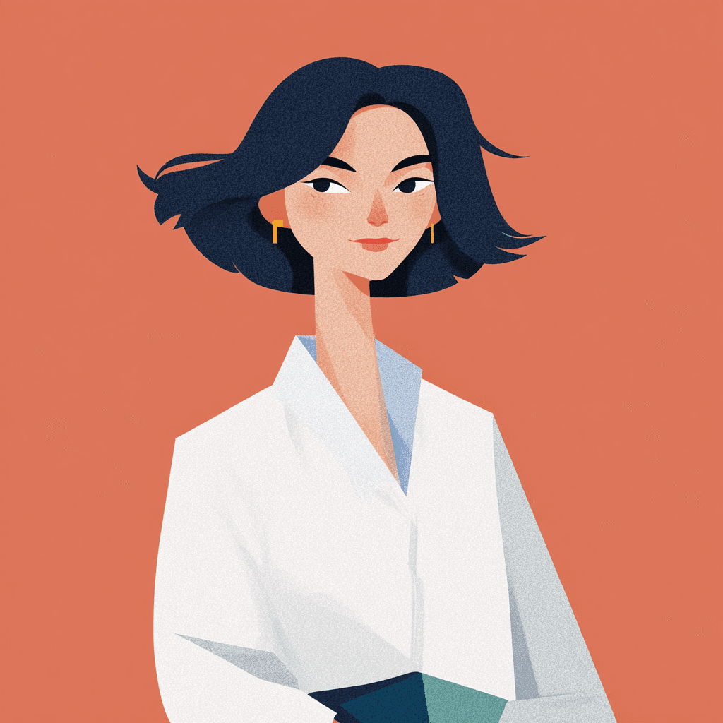 Illustrated portrait of Dr. Hyun Seng You wearing a white coat with gold earrings against a warm coral background