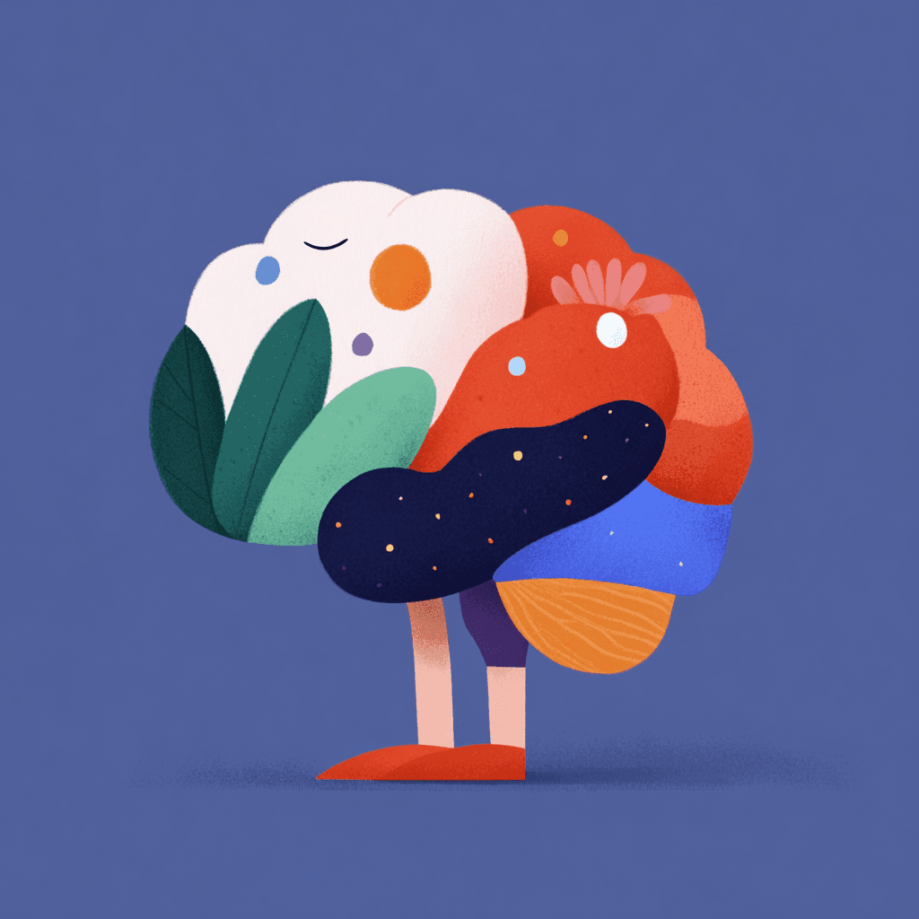 Whimsical illustration of a colorful brain-shaped character with legs, composed of organic shapes in white, red, dark blue, green, and orange on a muted blue background