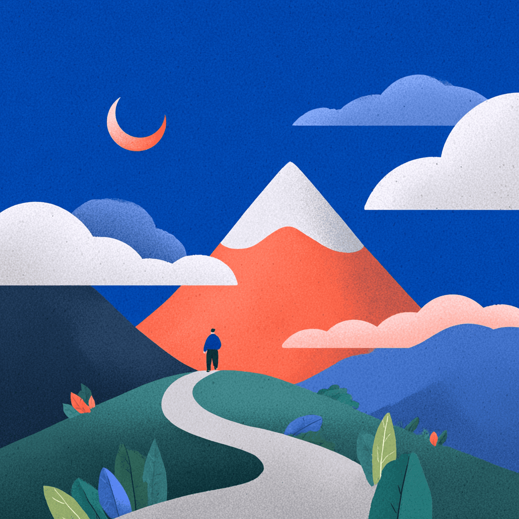Illustration of a person walking along a winding path through green hills toward a snow-capped mountain under a deep blue night sky with a crescent moon