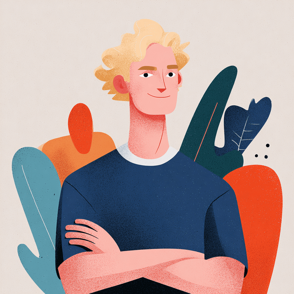 Illustrated portrait of Simon Meyer with curly blonde hair and crossed arms surrounded by colorful tropical leaves