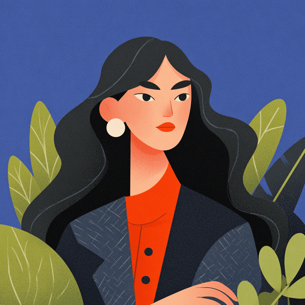 Illustrated portrait of Yeon Jung Lee with long dark hair and a pearl earring surrounded by green foliage against a blue background