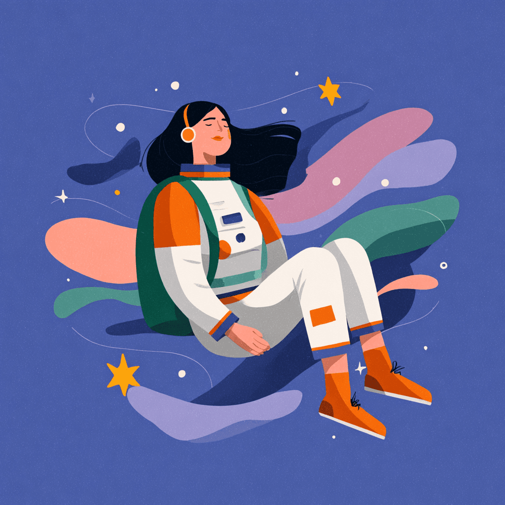 Person walking through a fantastical cosmic landscape under a starry night sky with colorful planets, shooting stars, and lush tropical vegetation